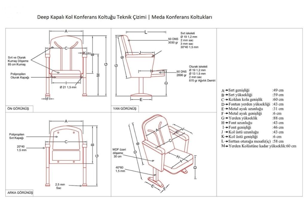 Deep Kapalı Kol Konferans Koltuğu 5 Deep Kapalı Kol Konferans Koltuğu Teknik Çizimi