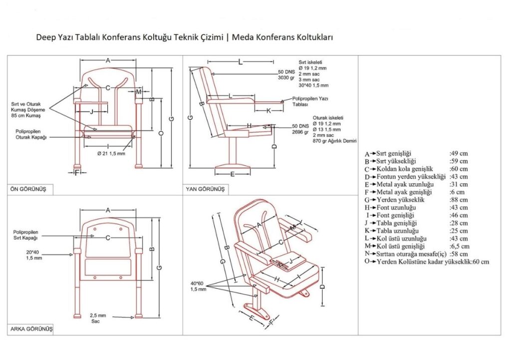 Deep Yazı Tablalı Konferans Koltuğu 5 Deep Yazı Tablalı Konferans Koltuğu Teknik Çizimi
