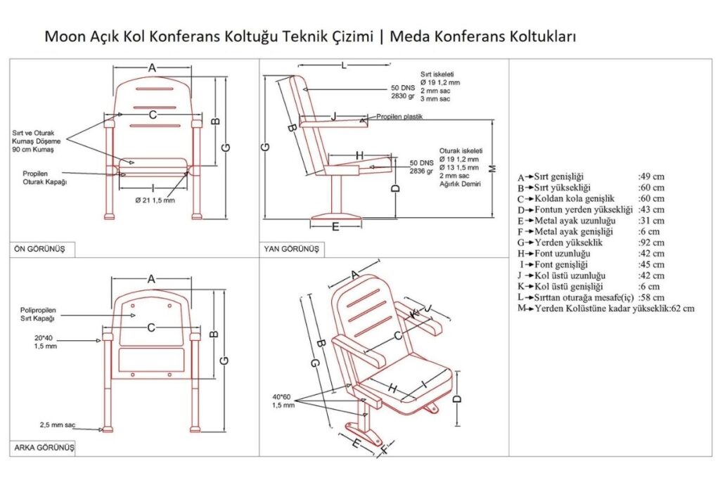 Moon Açık Kol Konferans Koltuğu 5 Moon Açık Kol Konferans Koltuğu Teknik Çizimi