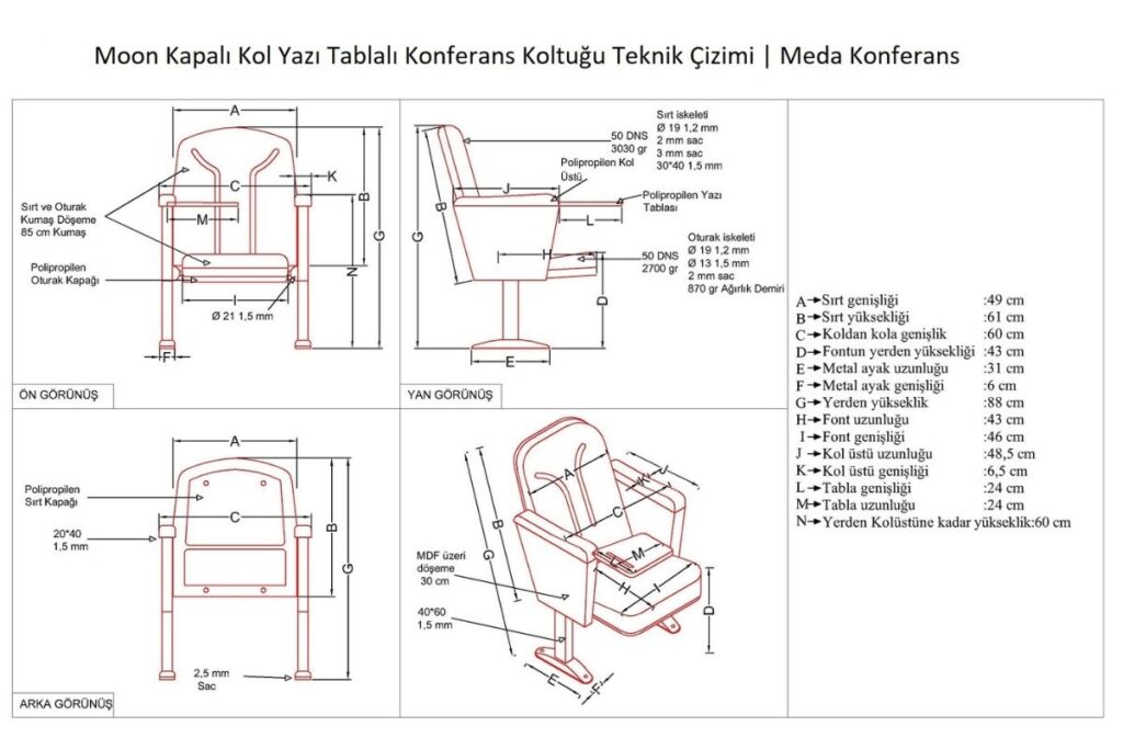 Moon Kapalı Kol Yazı Tablalı Konferans Koltuğu 4 Moon Kapalı Kol Yazı Tablalı Konferans Koltuğu Teknik Çizimi