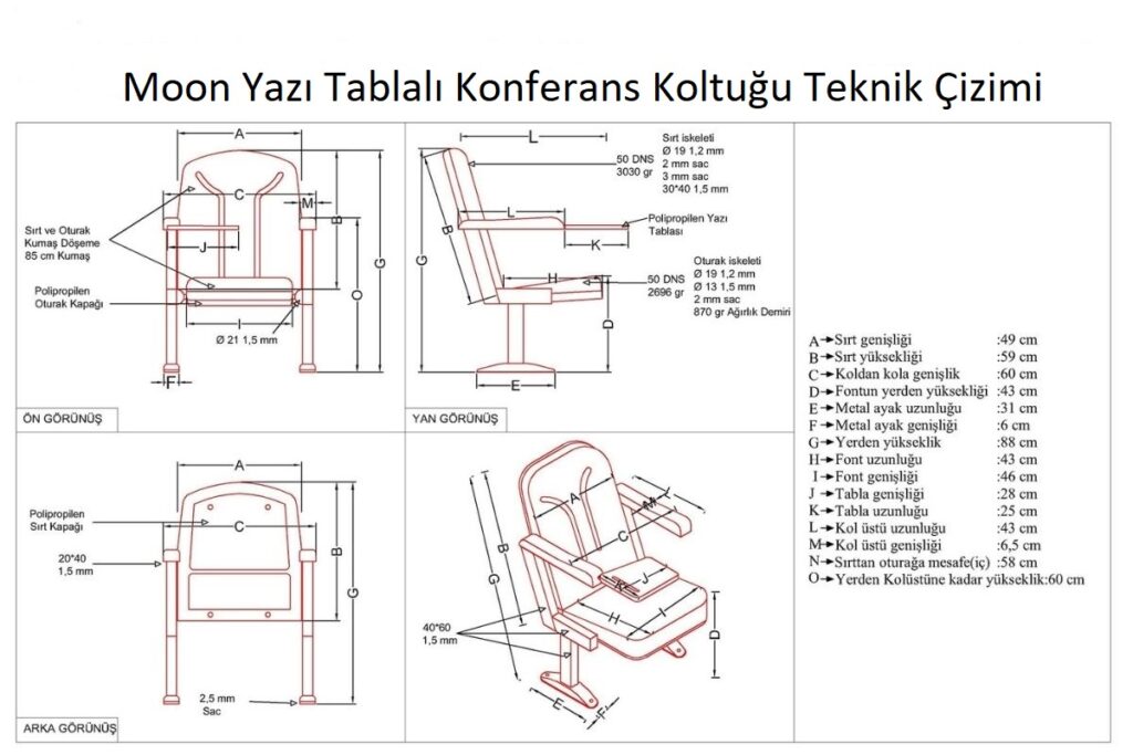 Moon Yazı Tablalı Konferans Koltuğu 4 Moon Yazı Tablalı Konferans Koltuğu Teknik Çizimi