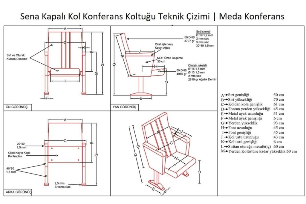 Sena Kapalı Kol Konferans Koltuğu 5 Sena Kapalı Kol Konferans Koltuğu Teknik Çizimi