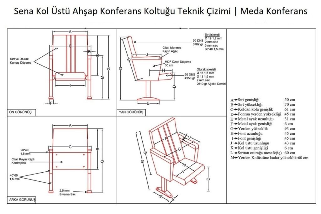Sena Kol Üstü Ahşap Konferans Koltuğu 4 Sena Kol Üstü Ahşap Konferans Koltuğu Teknik Çizimi