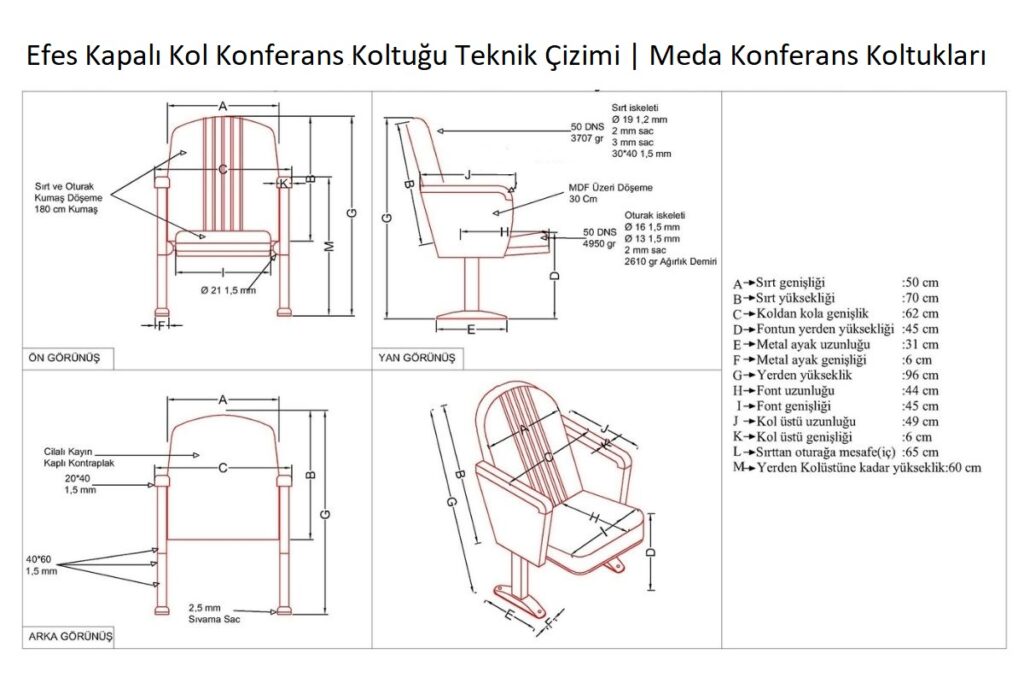 Efes Kapalı Kol Konferans Koltuğu 3 Efes Kapalı Kol Konferans Koltuğu Teknik Çizimi
